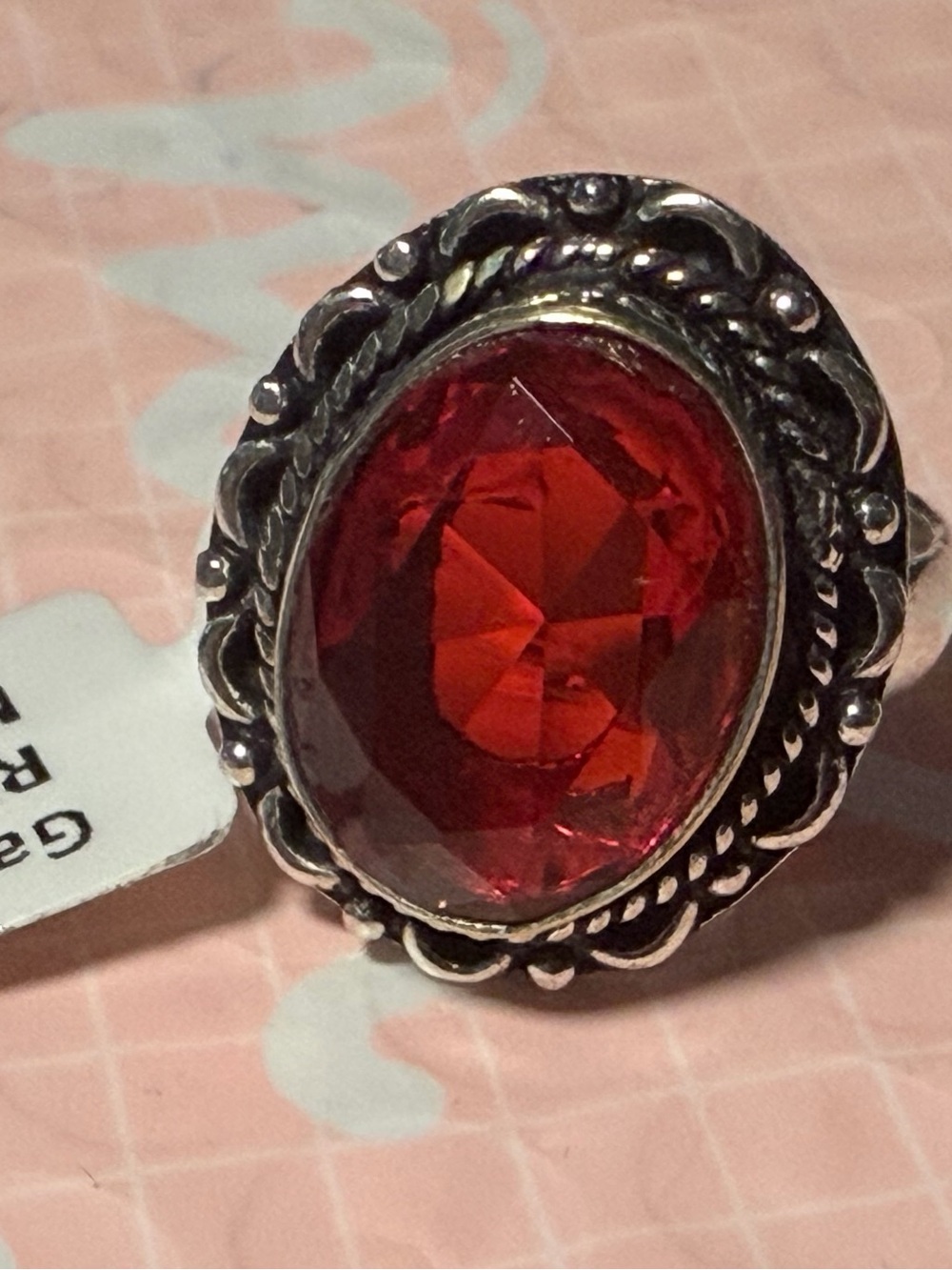 Ornate Silver Ring with Deep Red Oval Garnet Gemstone size 7